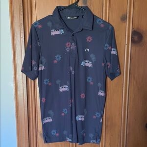 Travis Mathew Dark Navy Polo with Firework and Bus Design